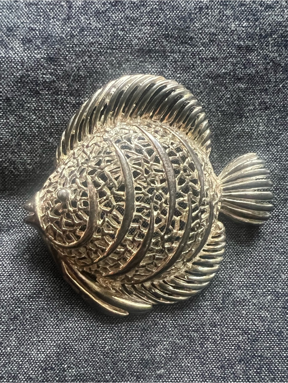 Vintage Large Filigree Fish Brooch Pin Openwork Tropical Angel Fish